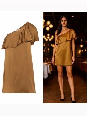 Saint Laurent Gold Satin One Shoulder Ruffle Mini Dress FR 38 US 6 NWT Cocktail